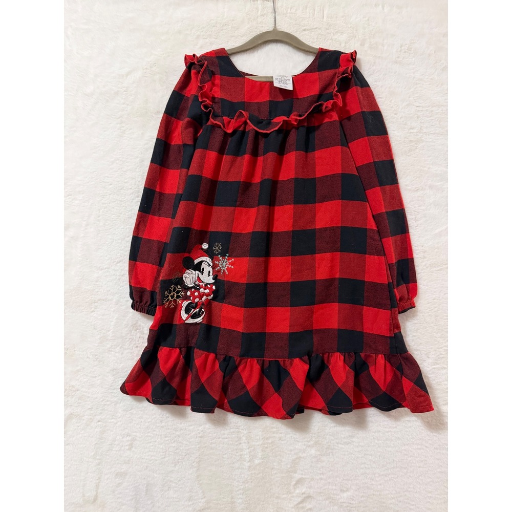 Disney Minnie Mouse Girls 5/6 Christmas Buffalo Plaid Ruffle Nightgown Red Black